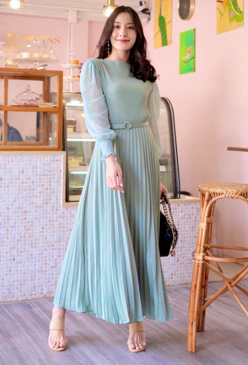Pierre Solid Pleated Long Dress - Mint Green